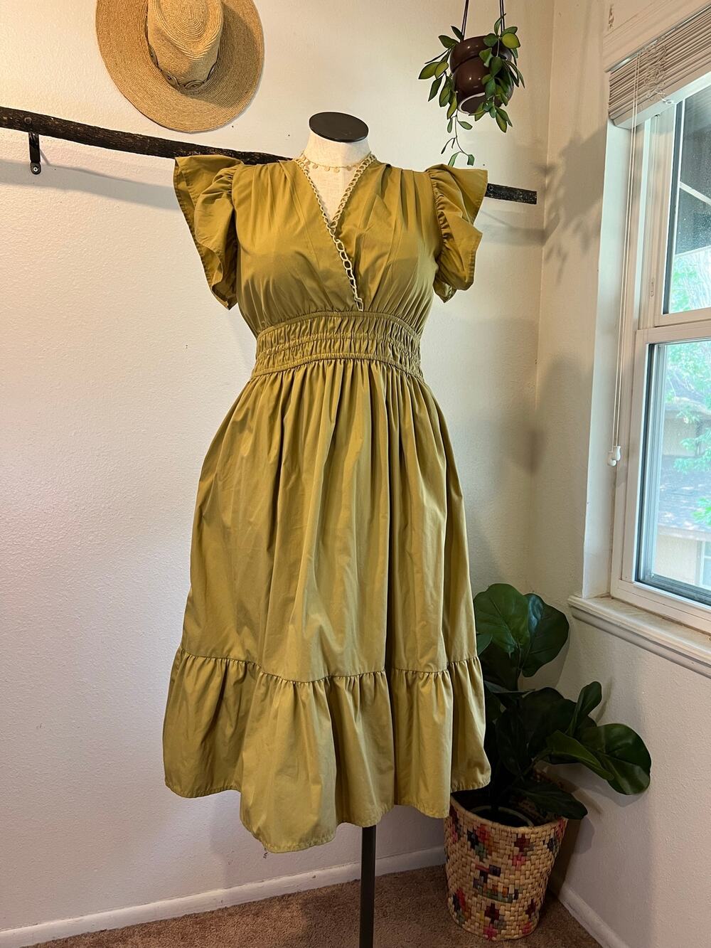 Meadow Rhodes Cotton Olive Green Ruffled Sleeve Fit & Flare Dress Size Large